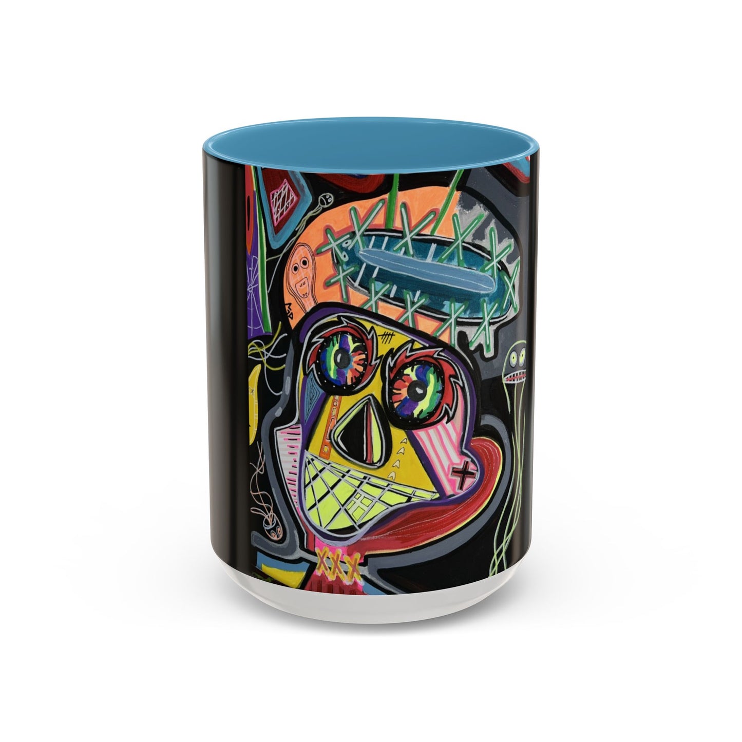 Colorful Neon OVERTHINKING  Skull Coffee Mug — Vibrant Abstract Day of the Dead Accent Mug