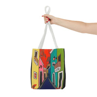 SAN SEBASTIAN.  Colorful Street Art Tote Bag – Vibrant Cityscape AOP Tote