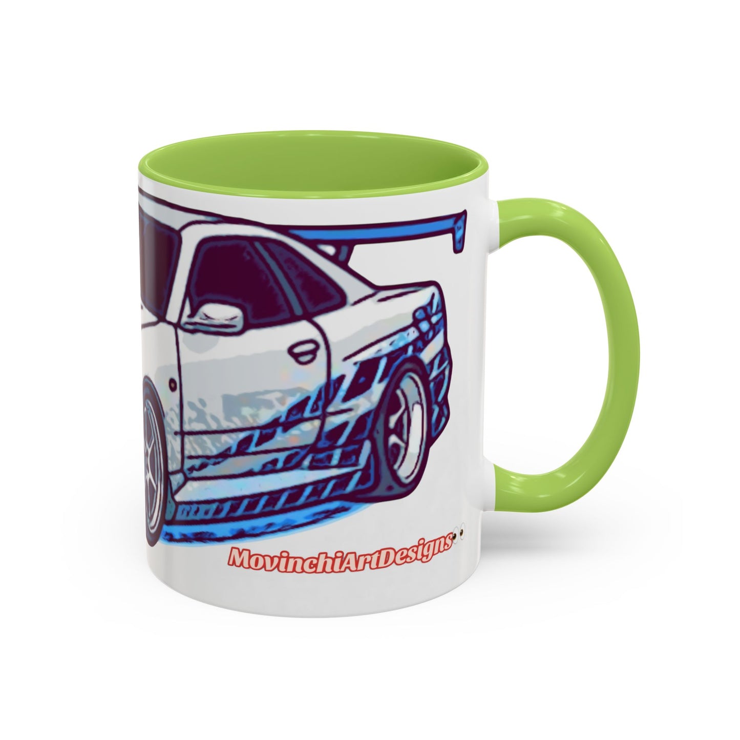 Racing Skyline Accent Coffee Mug — White & Blue Sports Car Illustration (11/15oz)