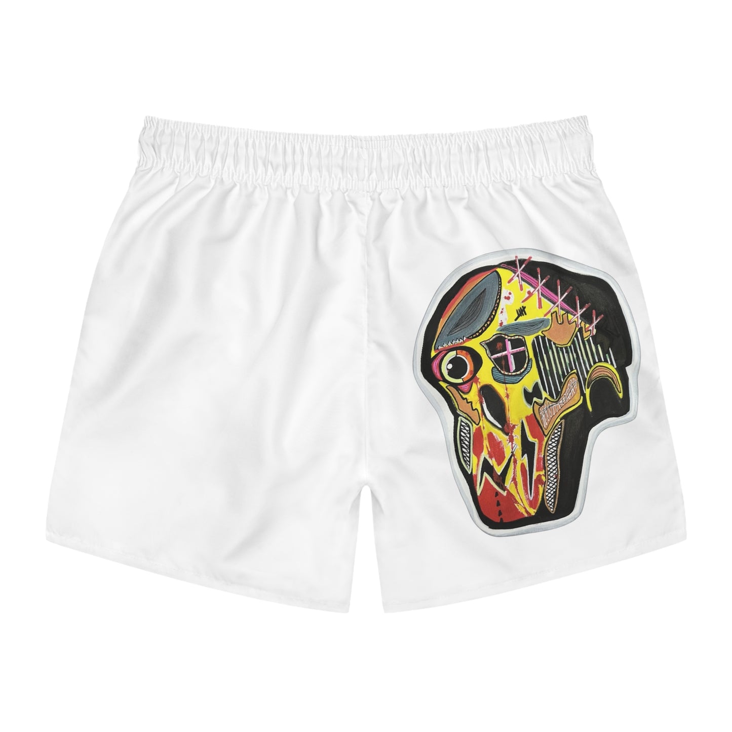 INFECTED.  Skull Patch Swim Trunks — Abstract Neon Skull Beach Shorts