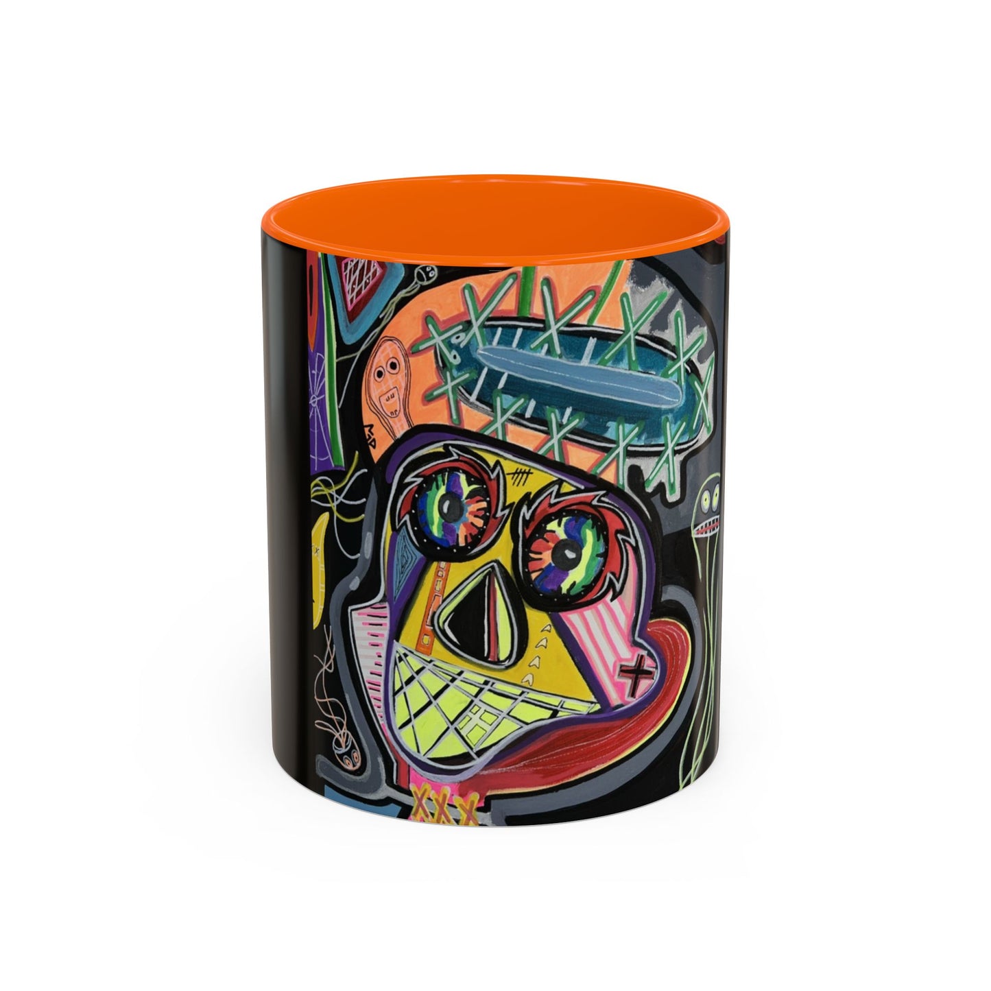 Colorful Neon OVERTHINKING  Skull Coffee Mug — Vibrant Abstract Day of the Dead Accent Mug