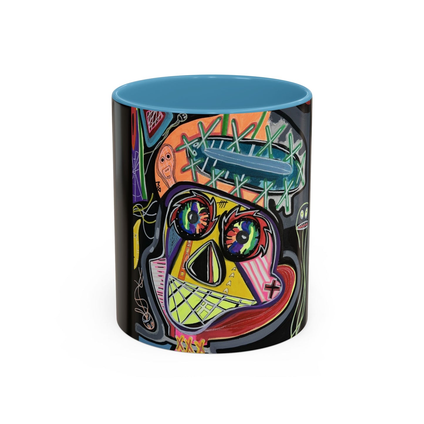 Colorful Neon OVERTHINKING  Skull Coffee Mug — Vibrant Abstract Day of the Dead Accent Mug