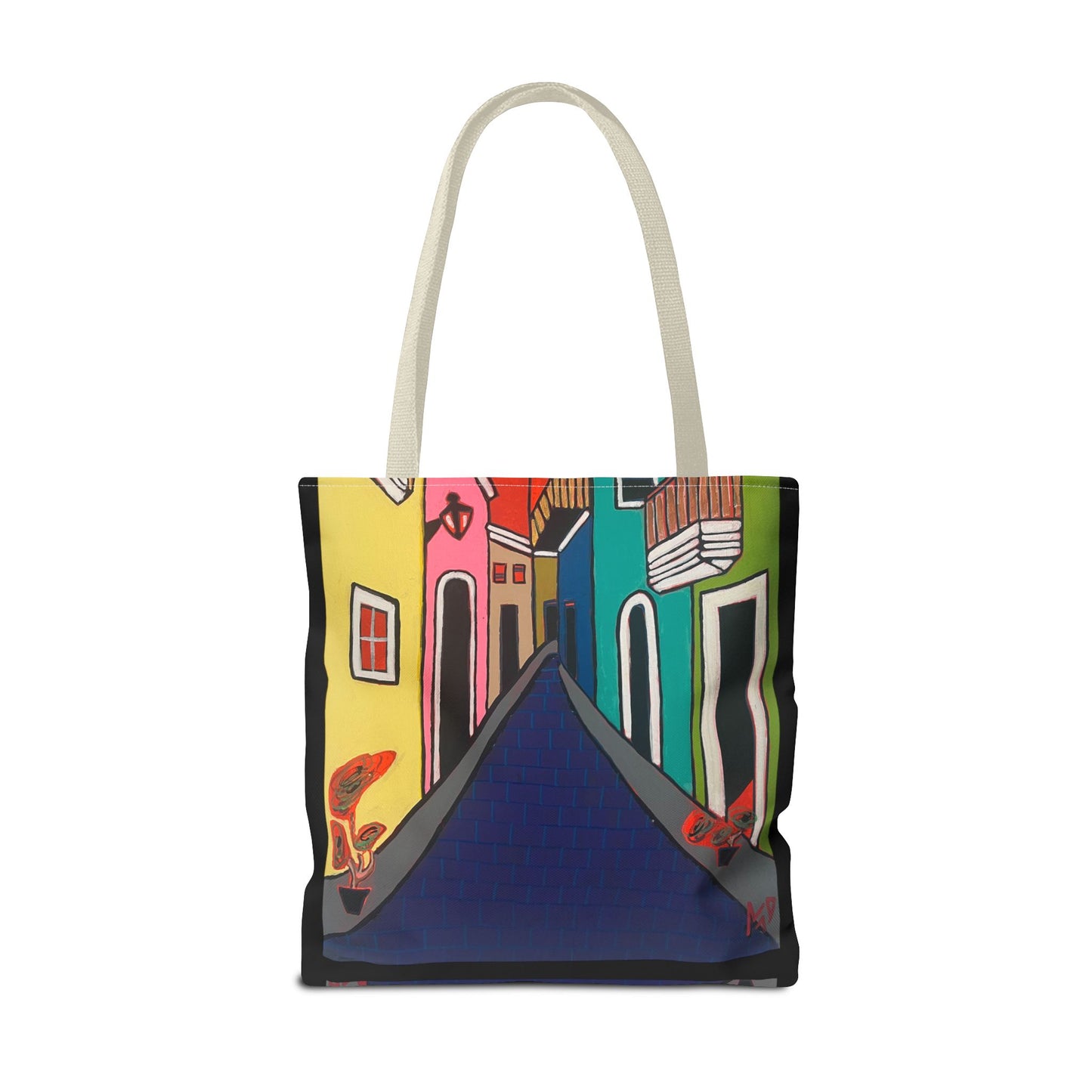 SAN SEBASTIAN.  Colorful Street Art Tote Bag – Vibrant Cityscape AOP Tote