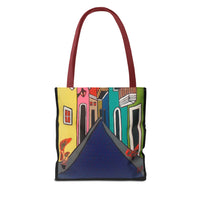 SAN SEBASTIAN.  Colorful Street Art Tote Bag – Vibrant Cityscape AOP Tote