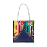 SAN SEBASTIAN.  Colorful Street Art Tote Bag – Vibrant Cityscape AOP Tote