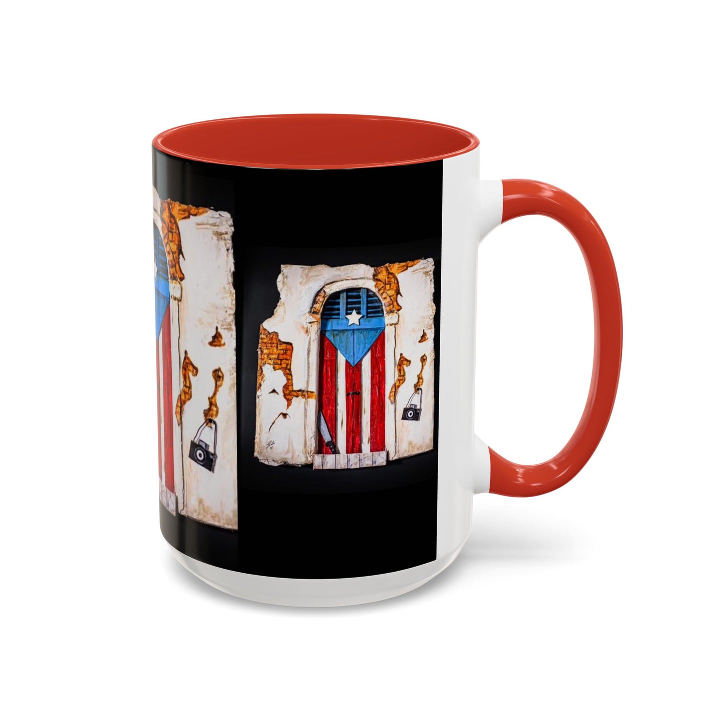 Puerto Rico Flag Door Accent Coffee Mug — Vintage Rustic Boricua Pride (11/15oz)