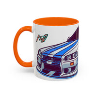 Racing Skyline Accent Coffee Mug — White & Blue Sports Car Illustration (11/15oz)