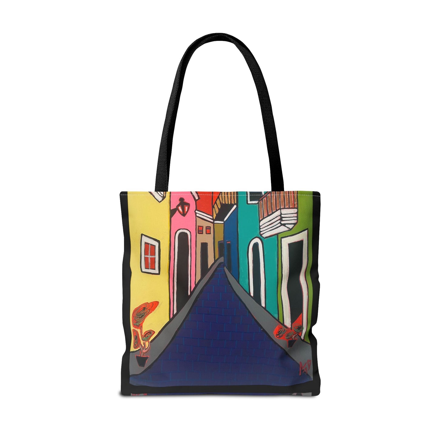 SAN SEBASTIAN.  Colorful Street Art Tote Bag – Vibrant Cityscape AOP Tote