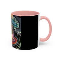 Colorful Neon OVERTHINKING  Skull Coffee Mug — Vibrant Abstract Day of the Dead Accent Mug