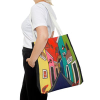 SAN SEBASTIAN.  Colorful Street Art Tote Bag – Vibrant Cityscape AOP Tote