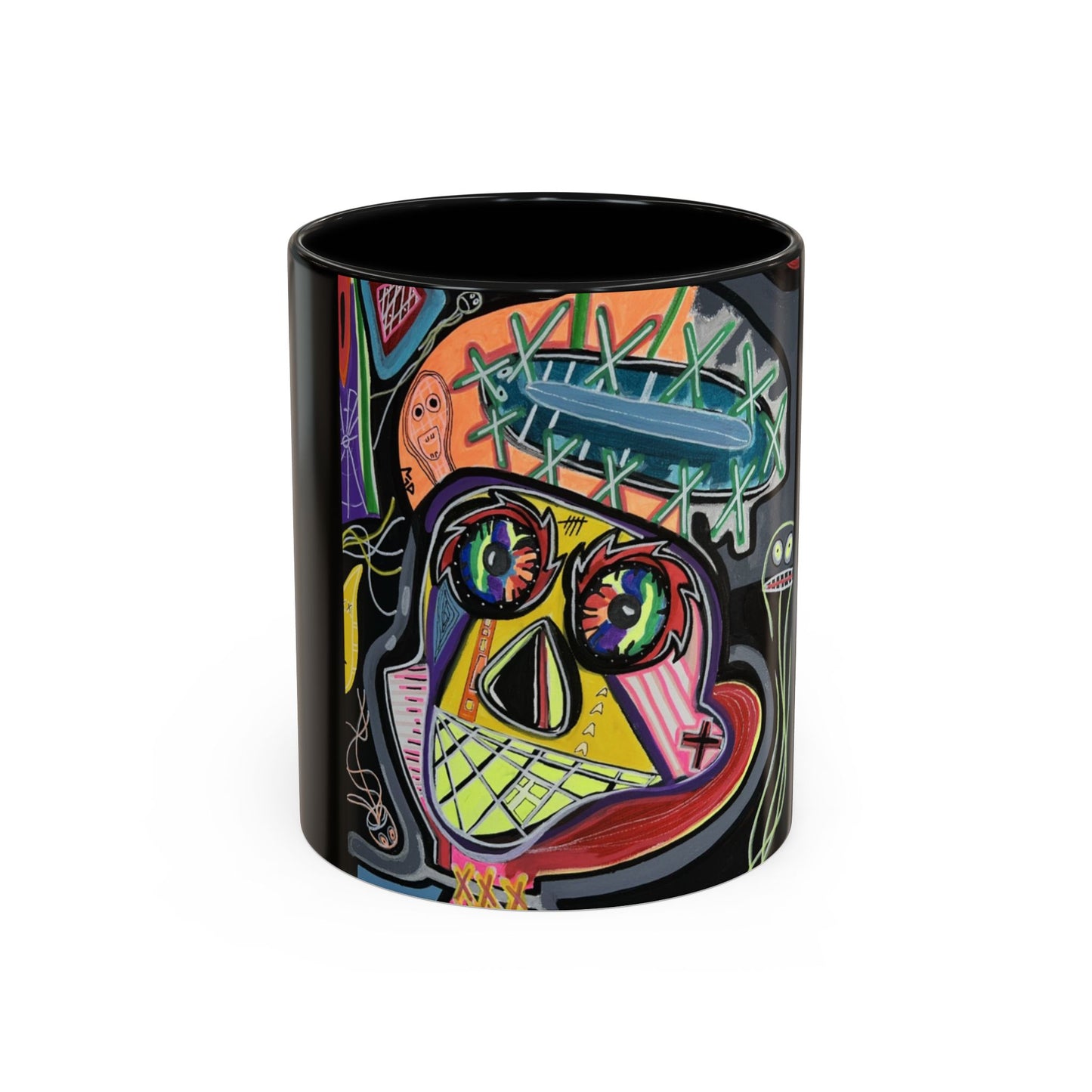 Colorful Neon OVERTHINKING  Skull Coffee Mug — Vibrant Abstract Day of the Dead Accent Mug