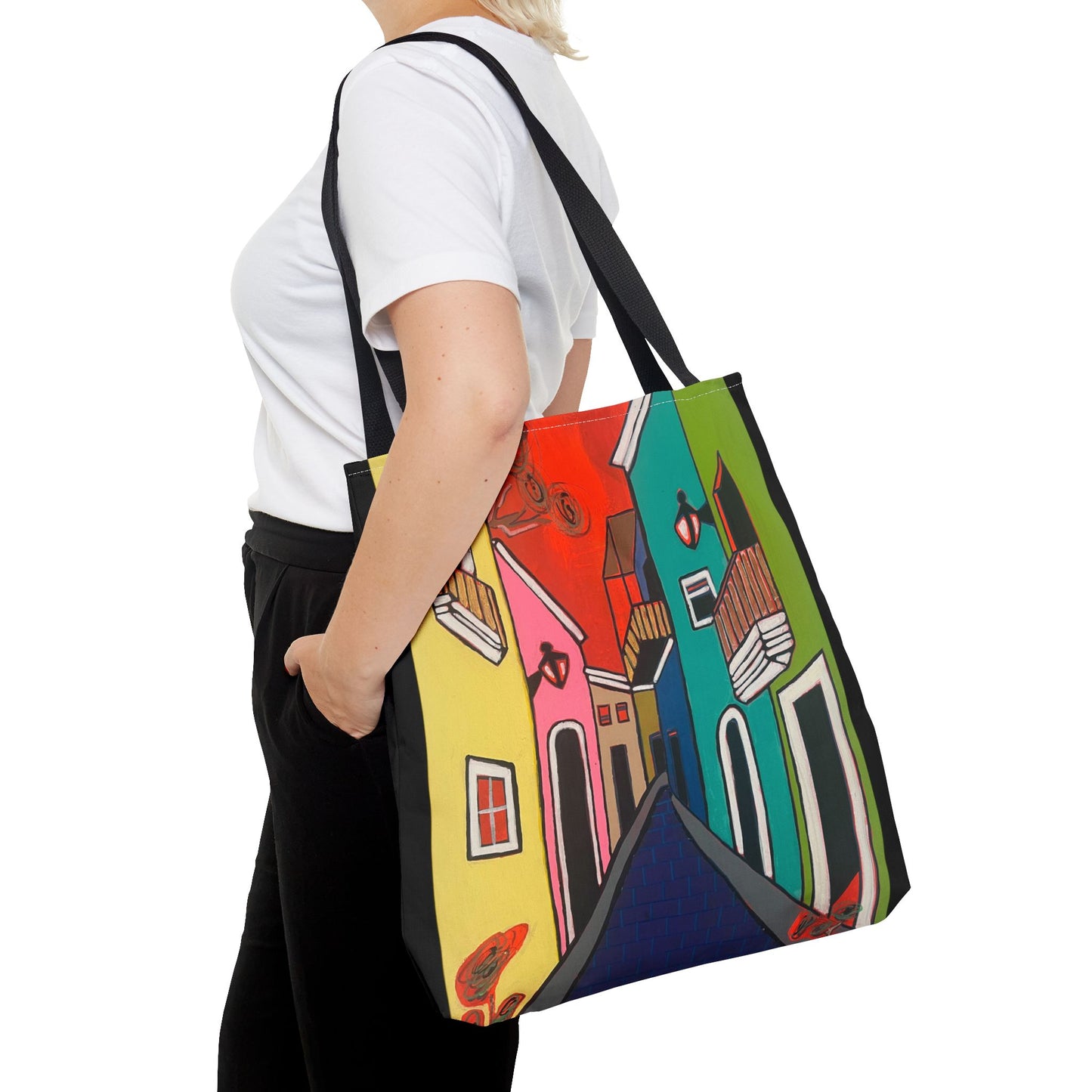 SAN SEBASTIAN.  Colorful Street Art Tote Bag – Vibrant Cityscape AOP Tote