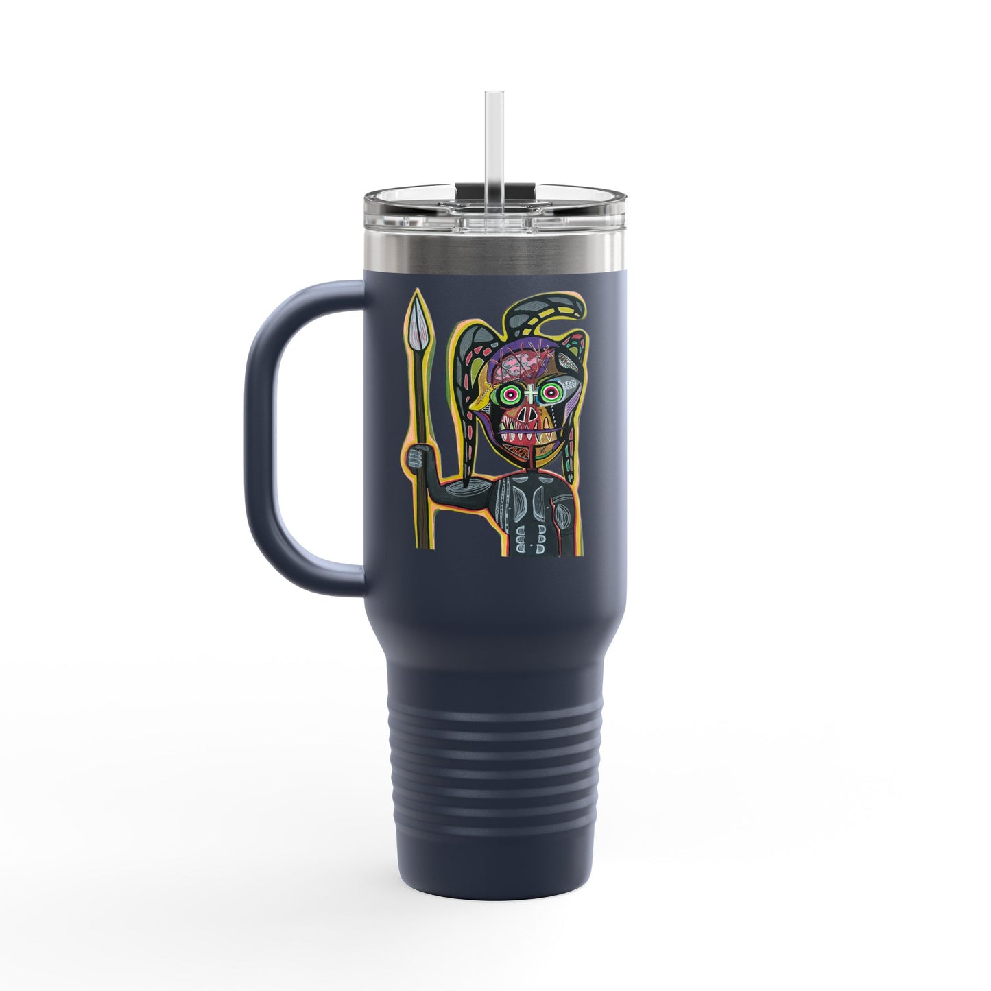 MOVINCHIARTDESIGNS.  40oz Insulated Travel Mug — Colorful Abstract Skull Design, Spill‑Resistant Tumbler