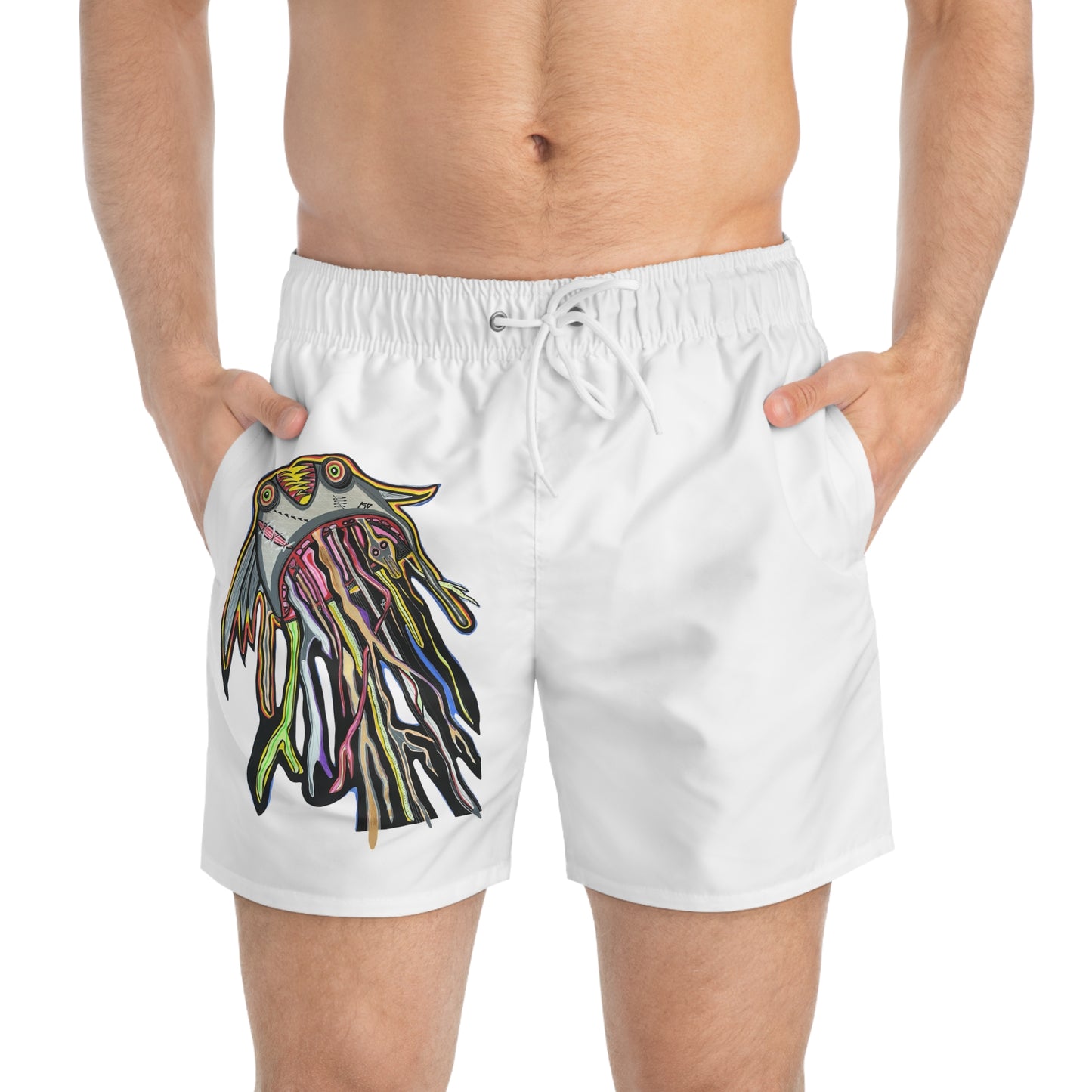 CRAZY TUNA.   Art Swim Trunks - Colorful Abstract Sea Creature Boardshorts