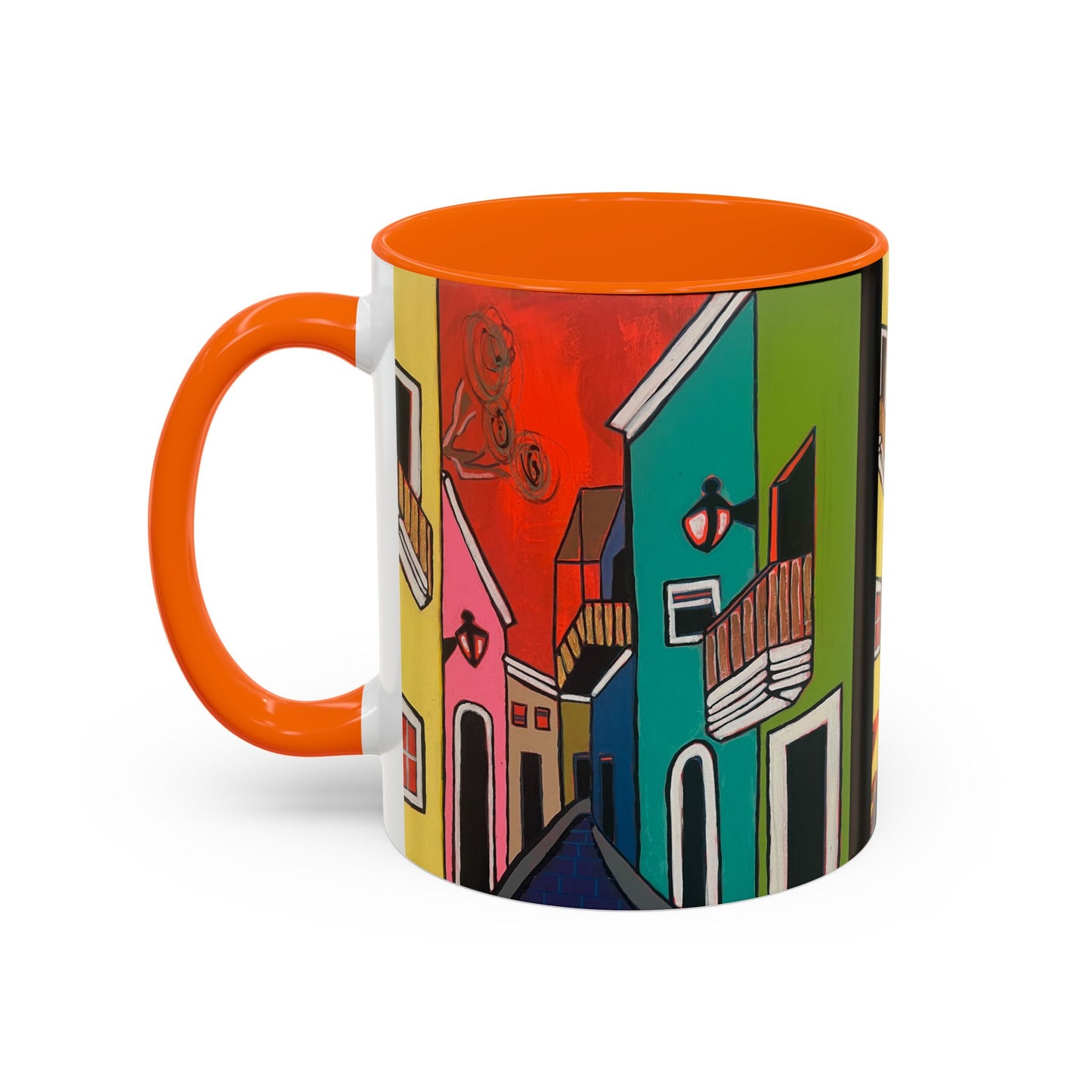 SAN SEBASTIAN.  Colorful Street Scene Accent Coffee Mug — Vibrant Urban Art Ceramic Mug (11/15oz)