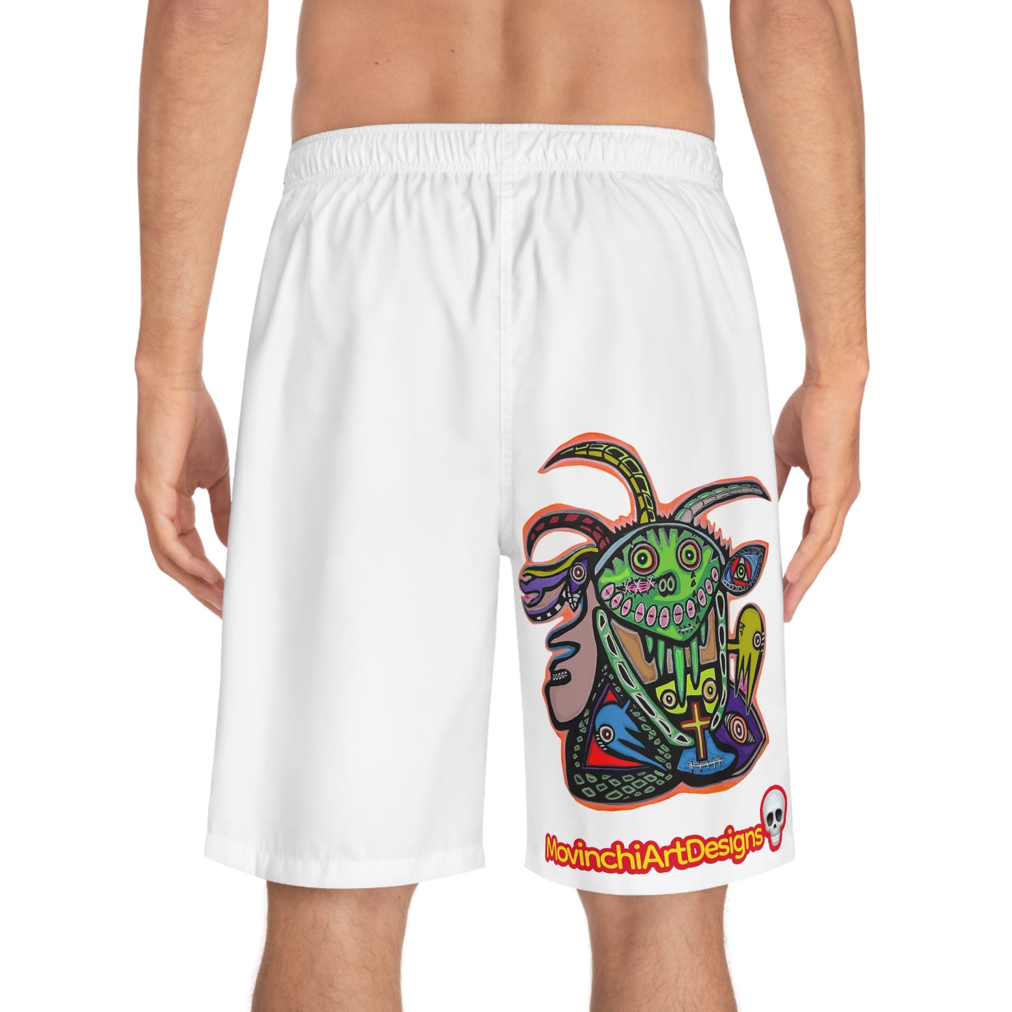 RYDER.  Men's Board Shorts with Colorful Tribal Goat Graphic — MovinchiArt Designs