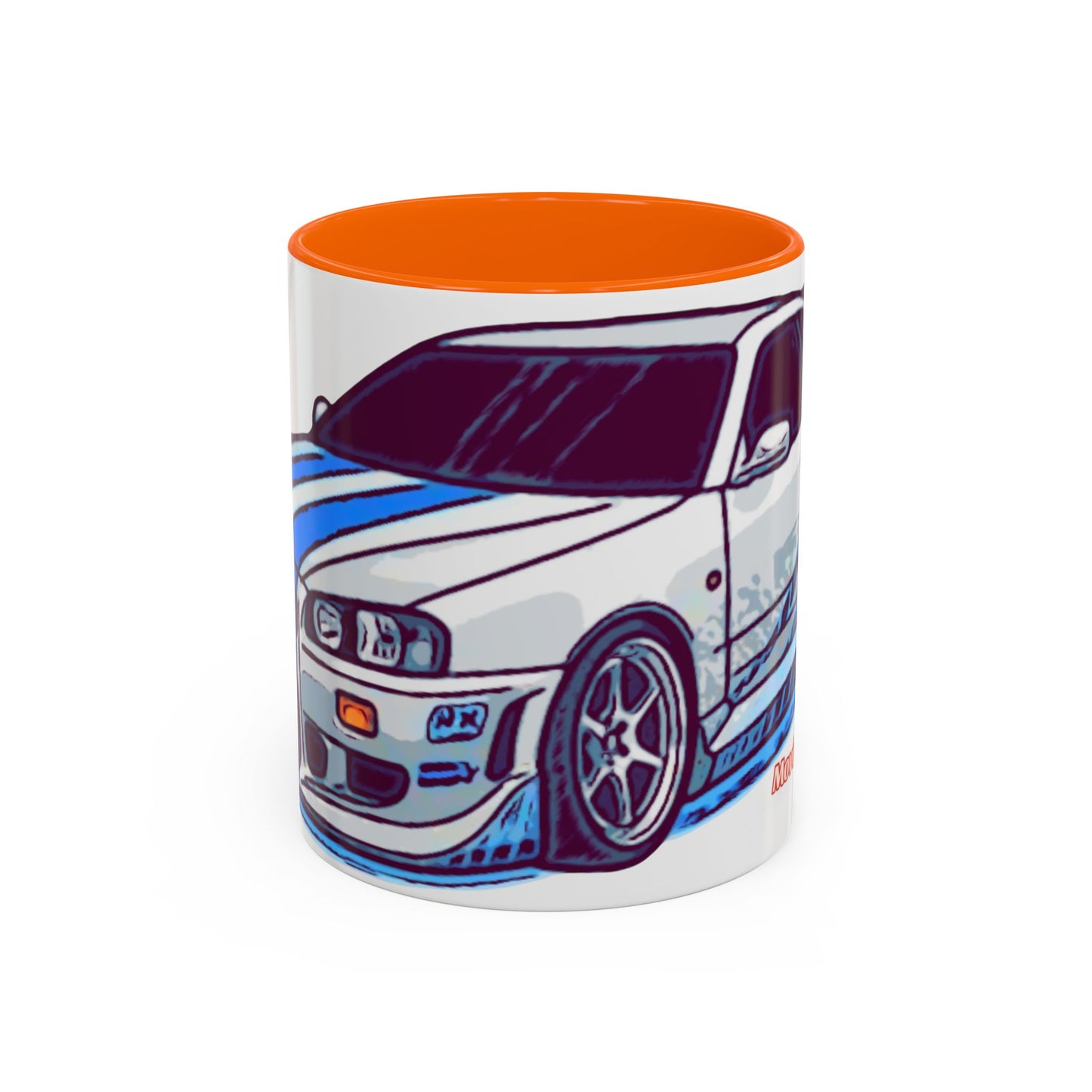Racing Skyline Accent Coffee Mug — White & Blue Sports Car Illustration (11/15oz)