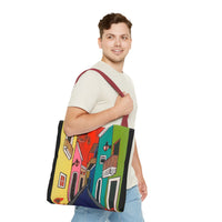 SAN SEBASTIAN.  Colorful Street Art Tote Bag – Vibrant Cityscape AOP Tote