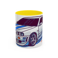 Racing Skyline Accent Coffee Mug — White & Blue Sports Car Illustration (11/15oz)