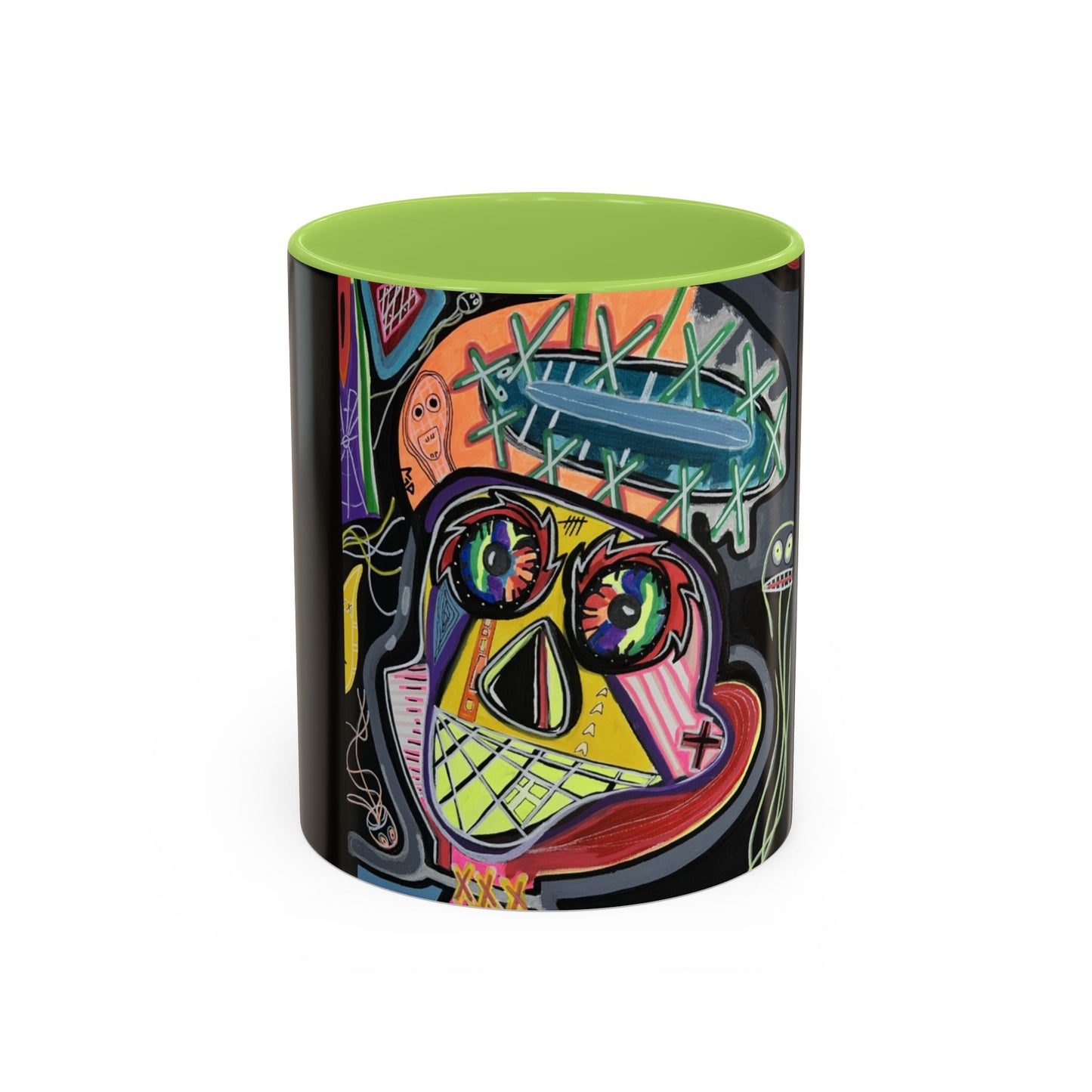 Colorful Neon OVERTHINKING  Skull Coffee Mug — Vibrant Abstract Day of the Dead Accent Mug