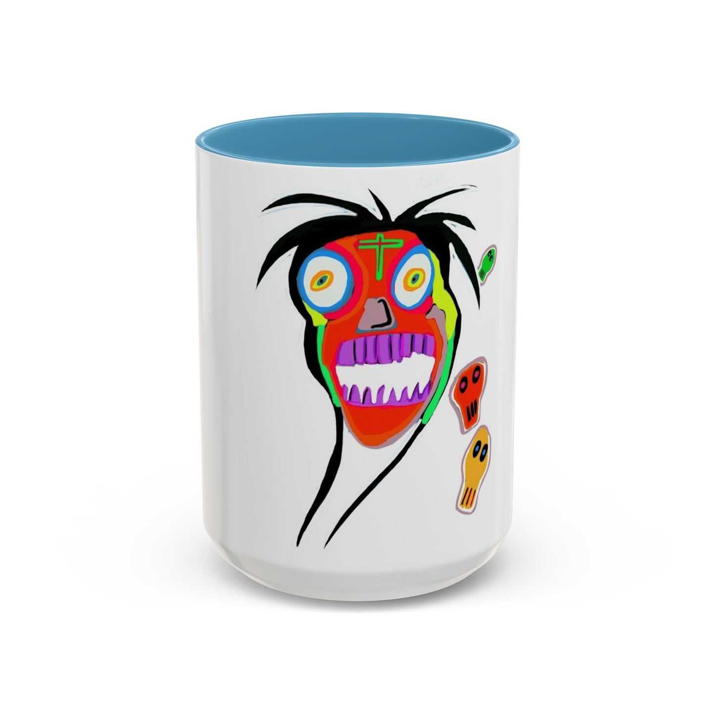 Colorful Tribal Mask Coffee Mug — Vibrant Skull Art Accent Mug (11/15oz)