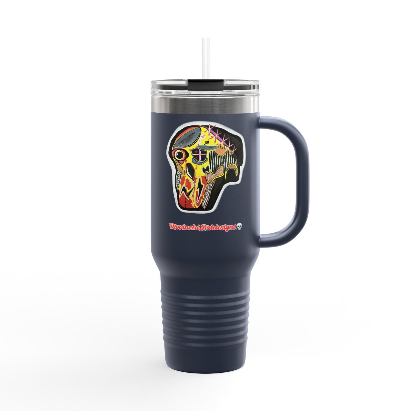 MOVINCHIARTDESIGNS.  40oz Insulated Travel Mug — Colorful Abstract Skull Design, Spill‑Resistant Tumbler