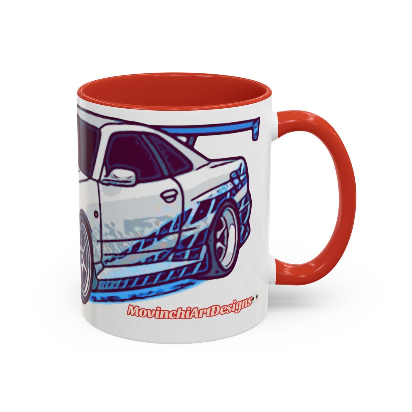 Racing Skyline Accent Coffee Mug — White & Blue Sports Car Illustration (11/15oz)