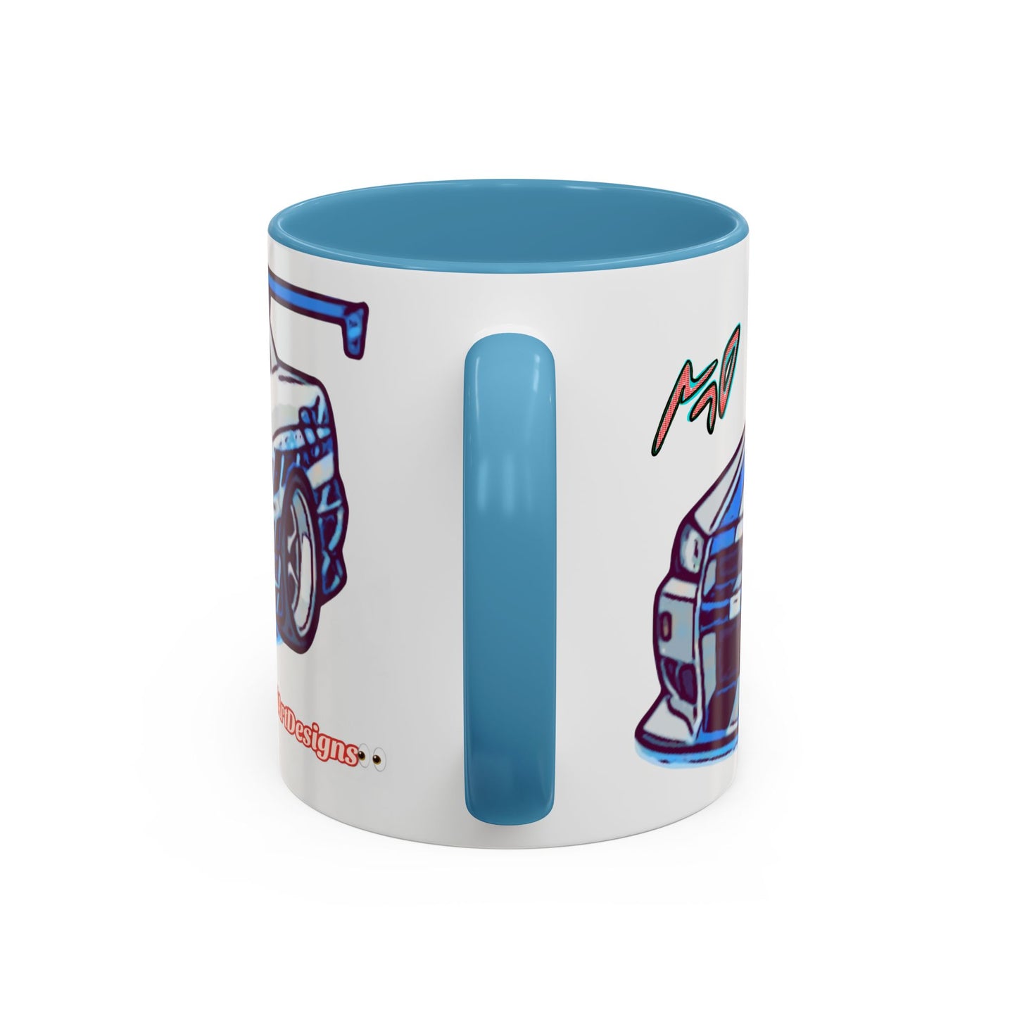 Racing Skyline Accent Coffee Mug — White & Blue Sports Car Illustration (11/15oz)