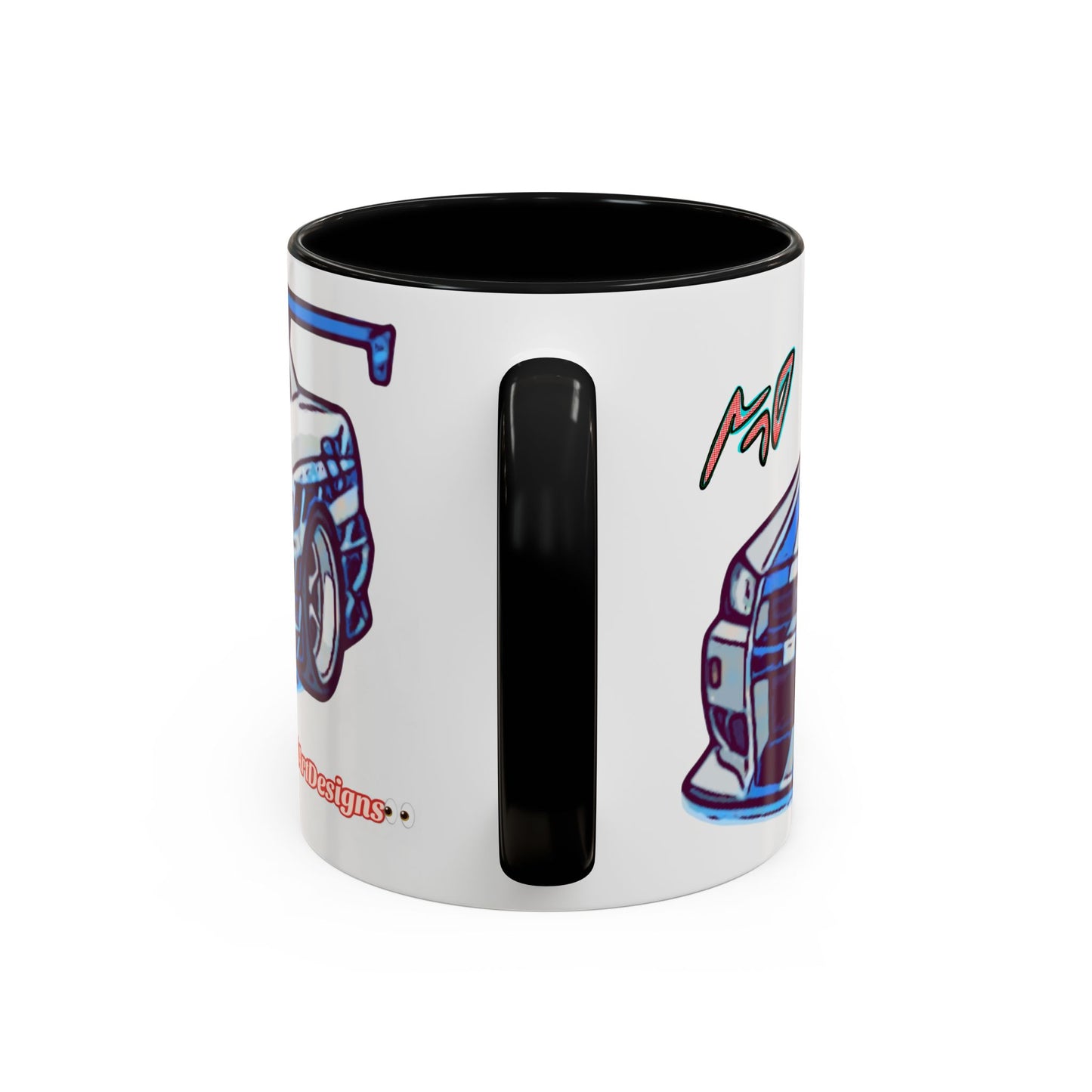 Racing Skyline Accent Coffee Mug — White & Blue Sports Car Illustration (11/15oz)