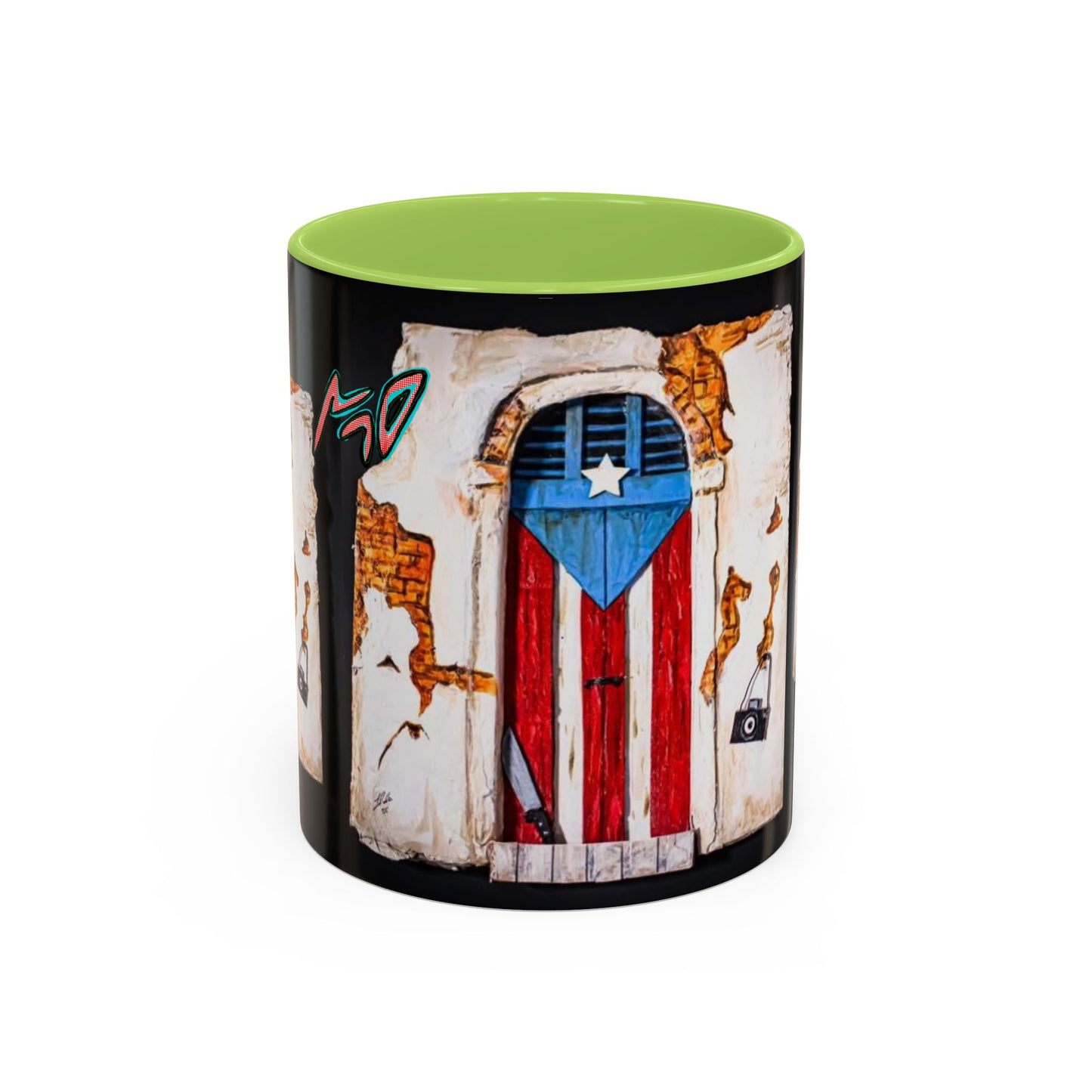 Puerto Rico Flag Door Accent Coffee Mug — Vintage Rustic Boricua Pride (11/15oz)