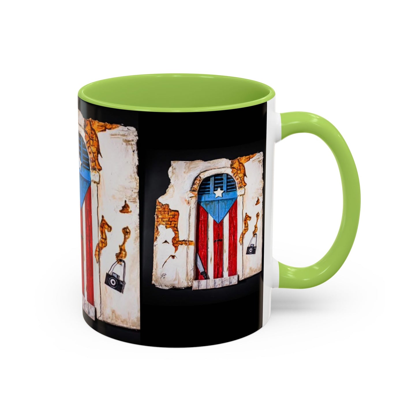 Puerto Rico Flag Door Accent Coffee Mug — Vintage Rustic Boricua Pride (11/15oz)