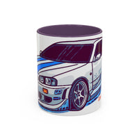 Racing Skyline Accent Coffee Mug — White & Blue Sports Car Illustration (11/15oz)