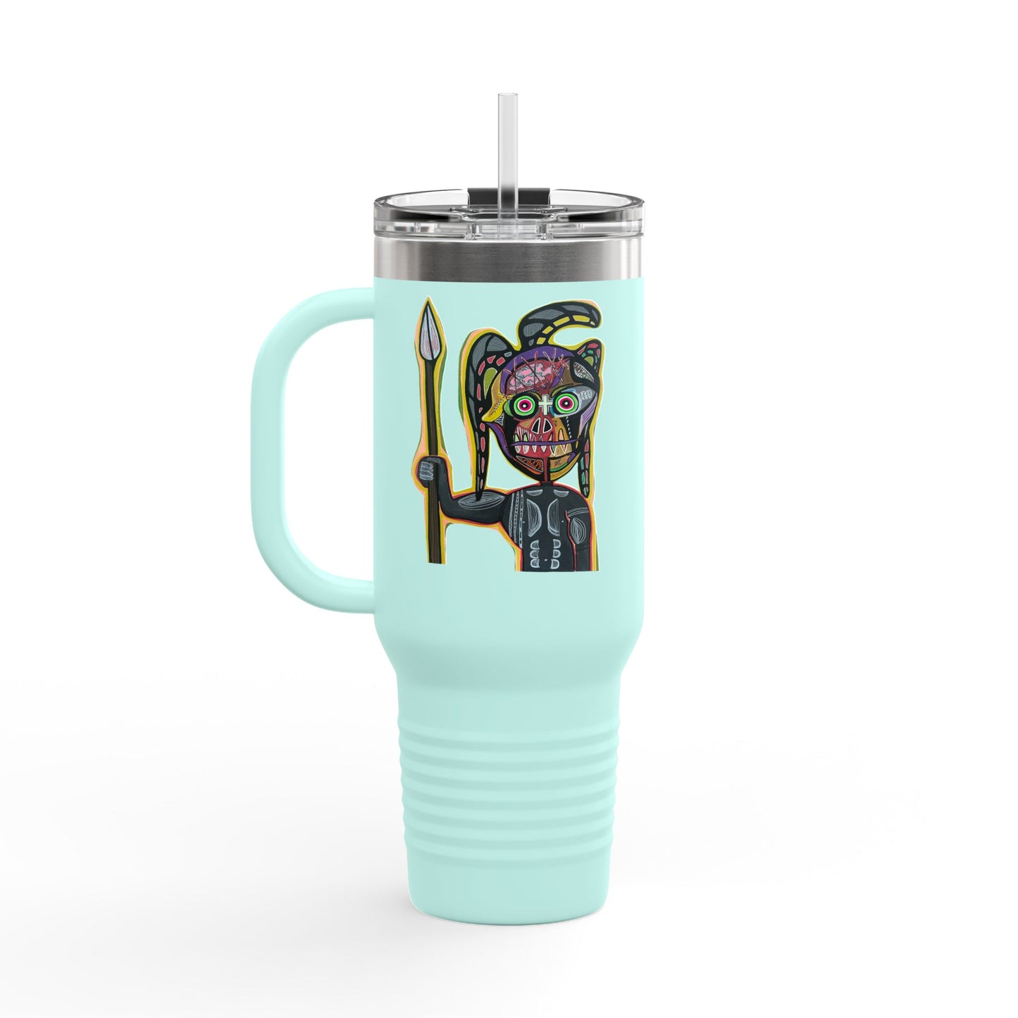 MOVINCHIARTDESIGNS.  40oz Insulated Travel Mug — Colorful Abstract Skull Design, Spill‑Resistant Tumbler