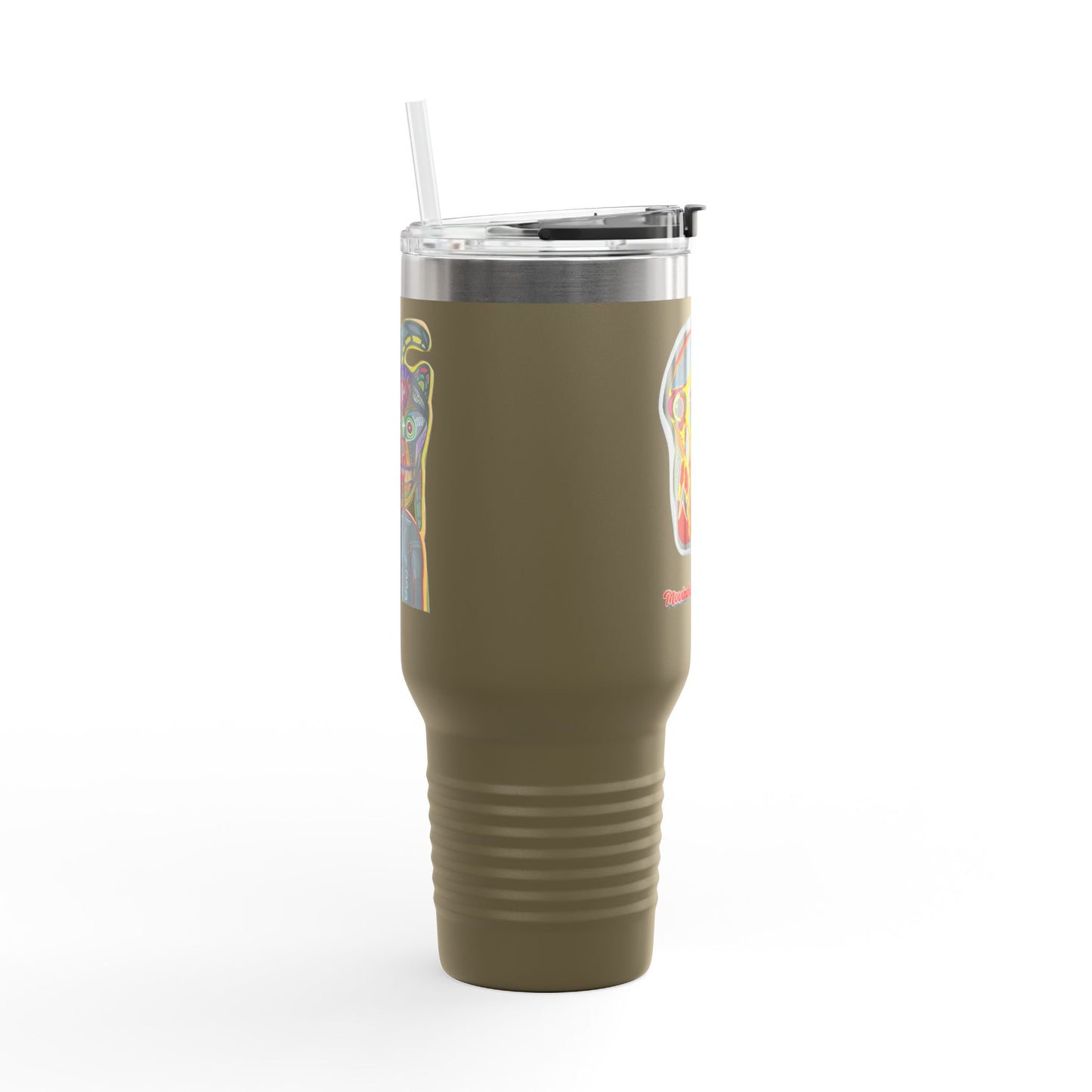 MOVINCHIARTDESIGNS.  40oz Insulated Travel Mug — Colorful Abstract Skull Design, Spill‑Resistant Tumbler
