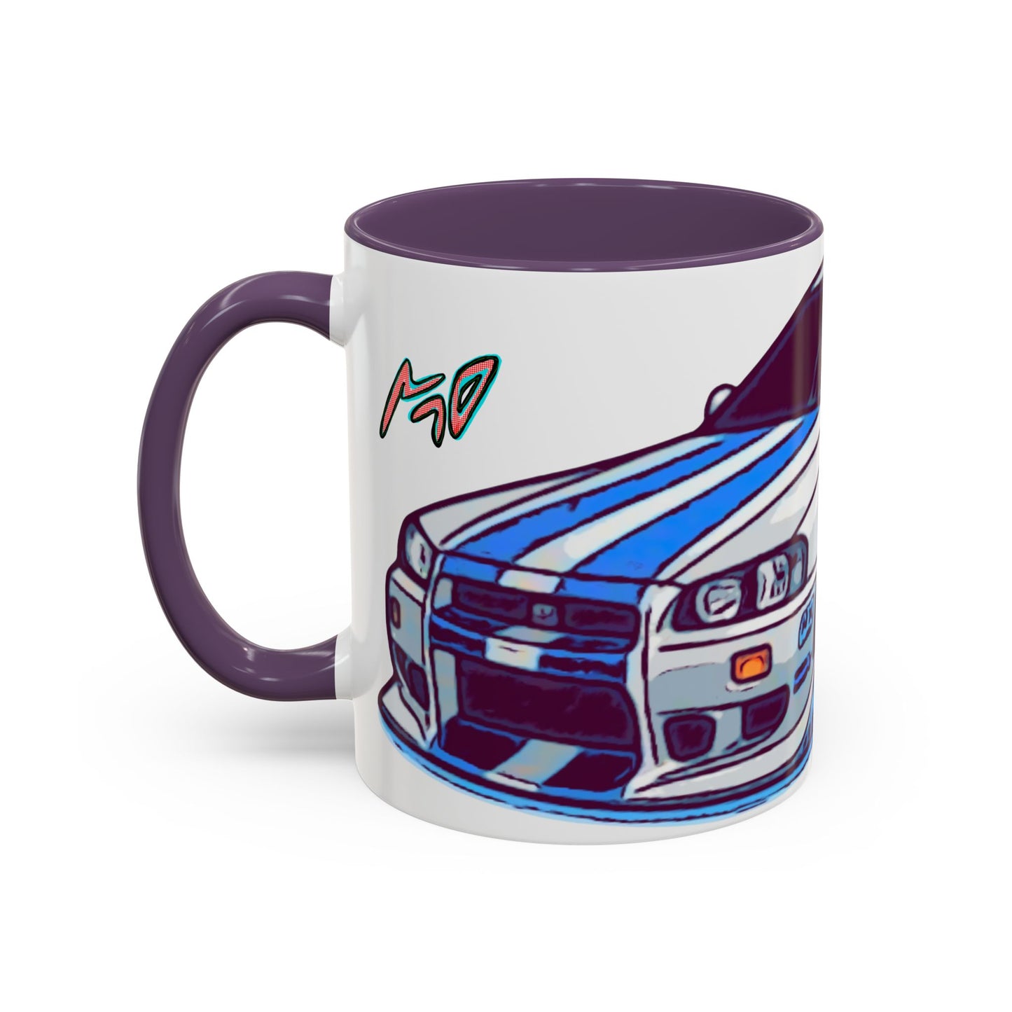 Racing Skyline Accent Coffee Mug — White & Blue Sports Car Illustration (11/15oz)