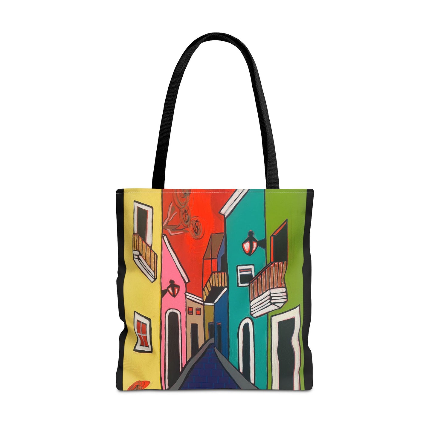 SAN SEBASTIAN.  Colorful Street Art Tote Bag – Vibrant Cityscape AOP Tote