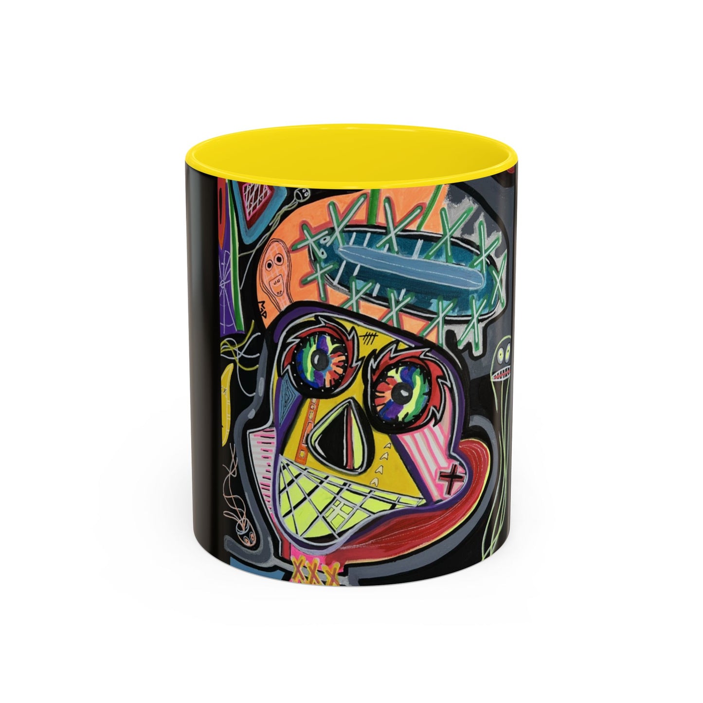 Colorful Neon OVERTHINKING  Skull Coffee Mug — Vibrant Abstract Day of the Dead Accent Mug