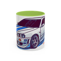 Racing Skyline Accent Coffee Mug — White & Blue Sports Car Illustration (11/15oz)
