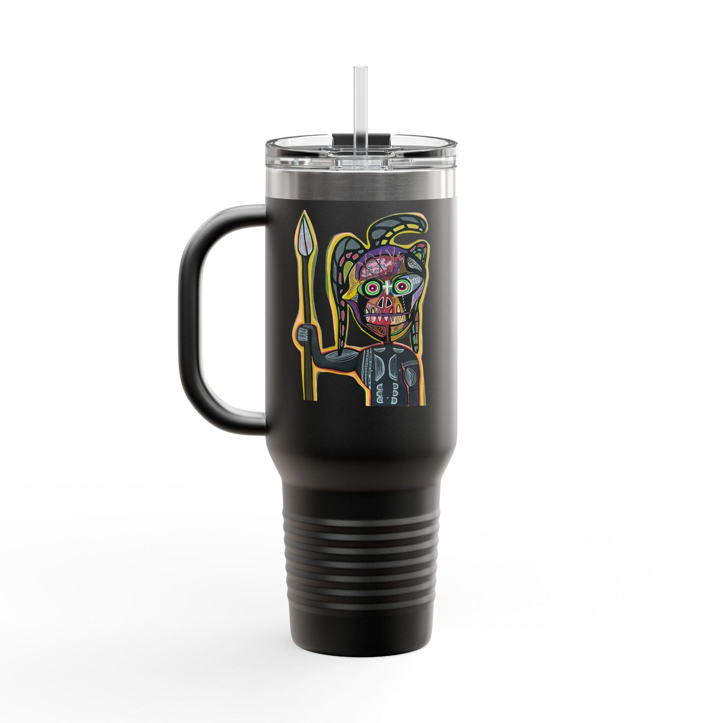 MOVINCHIARTDESIGNS.  40oz Insulated Travel Mug — Colorful Abstract Skull Design, Spill‑Resistant Tumbler