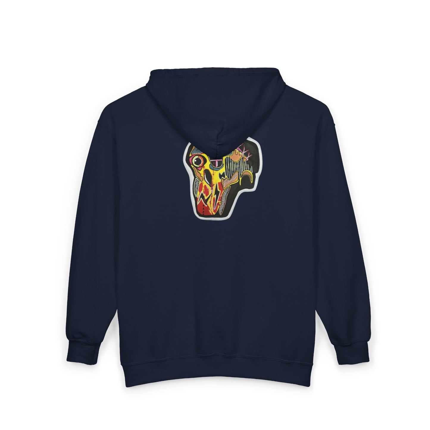 VINCENT.  Skull Graphic Zip Hoodie — Neon Retro Art Back Patch