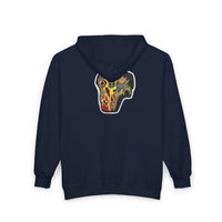 VINCENT.  Skull Graphic Zip Hoodie — Neon Retro Art Back Patch