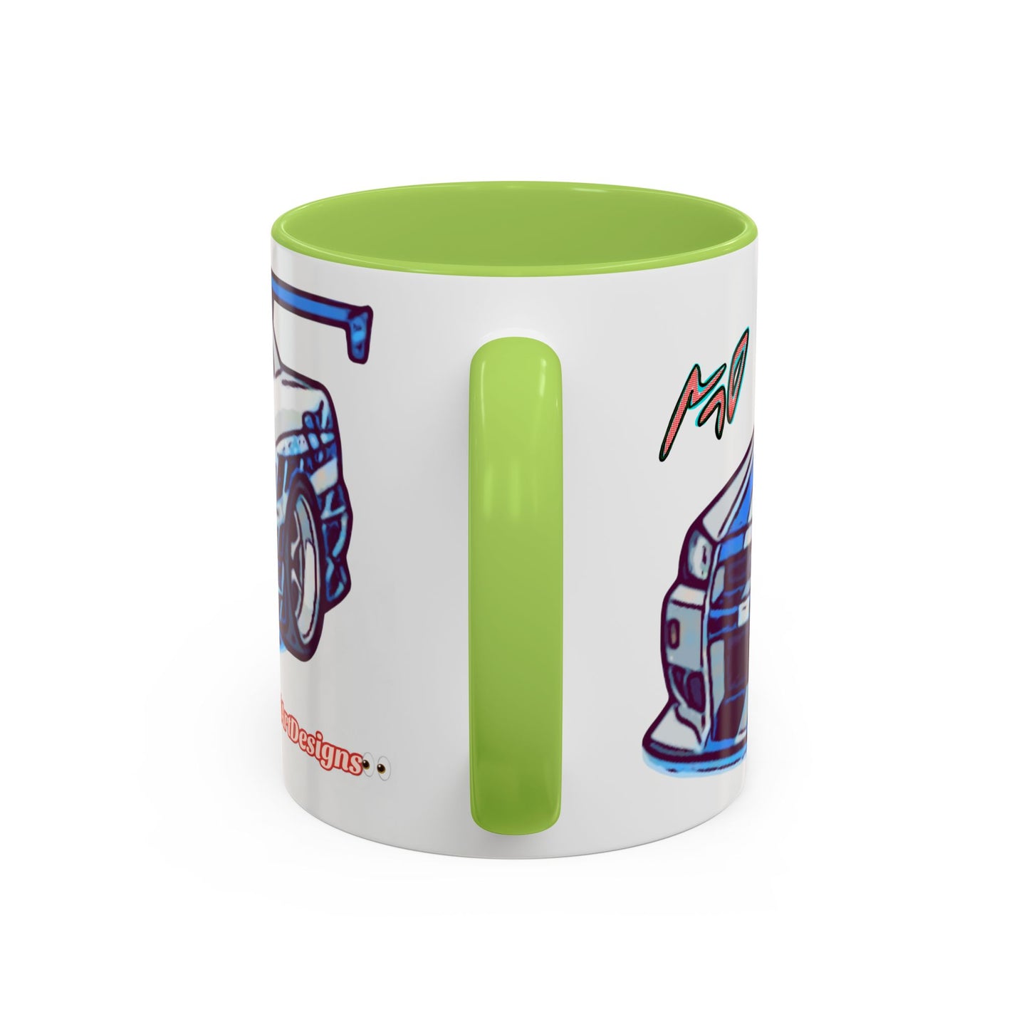 Racing Skyline Accent Coffee Mug — White & Blue Sports Car Illustration (11/15oz)