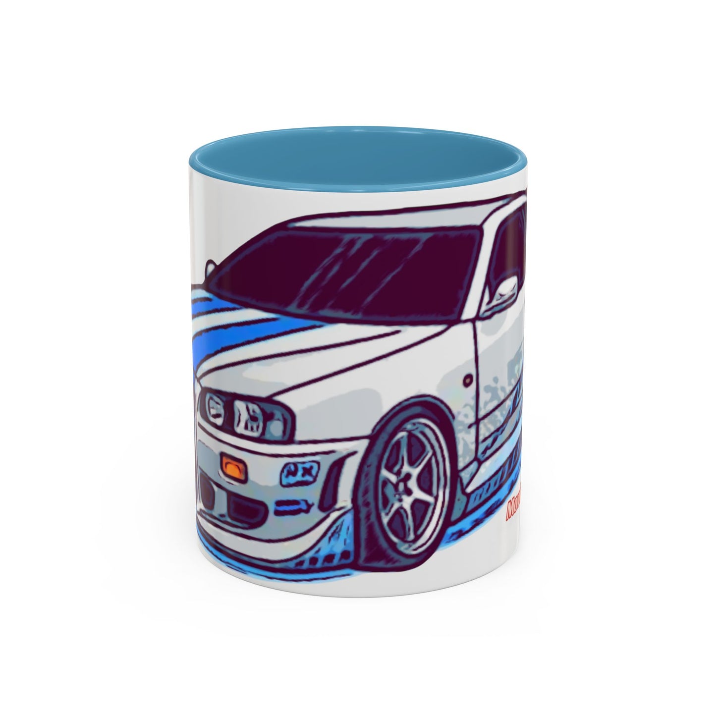 Racing Skyline Accent Coffee Mug — White & Blue Sports Car Illustration (11/15oz)