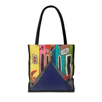 SAN SEBASTIAN.  Colorful Street Art Tote Bag – Vibrant Cityscape AOP Tote