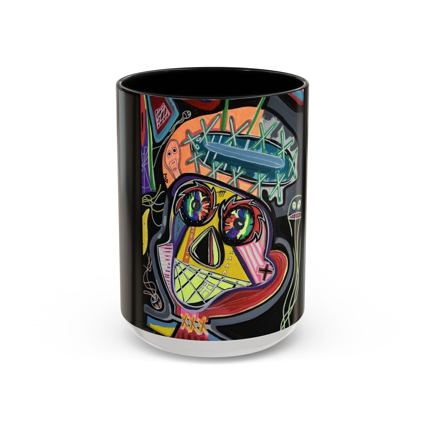 Colorful Neon OVERTHINKING  Skull Coffee Mug — Vibrant Abstract Day of the Dead Accent Mug