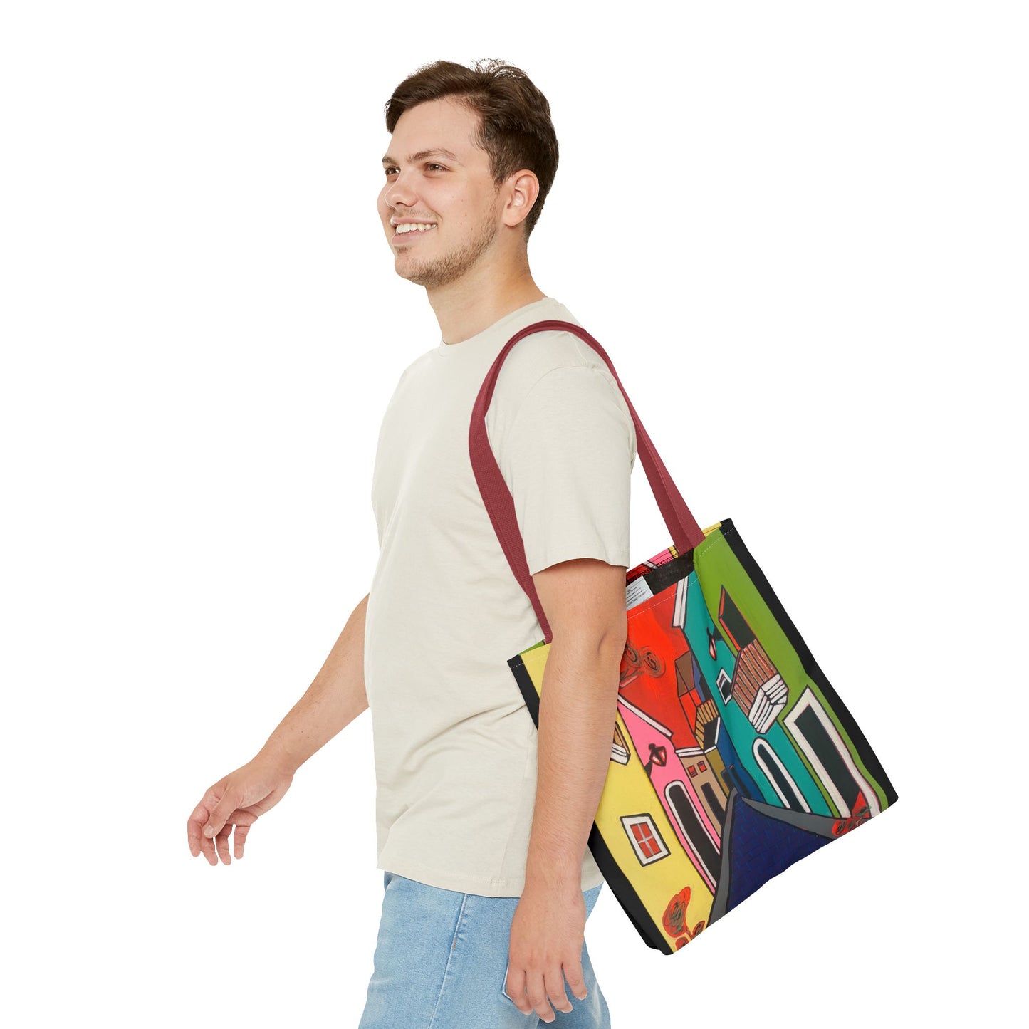 SAN SEBASTIAN.  Colorful Street Art Tote Bag – Vibrant Cityscape AOP Tote