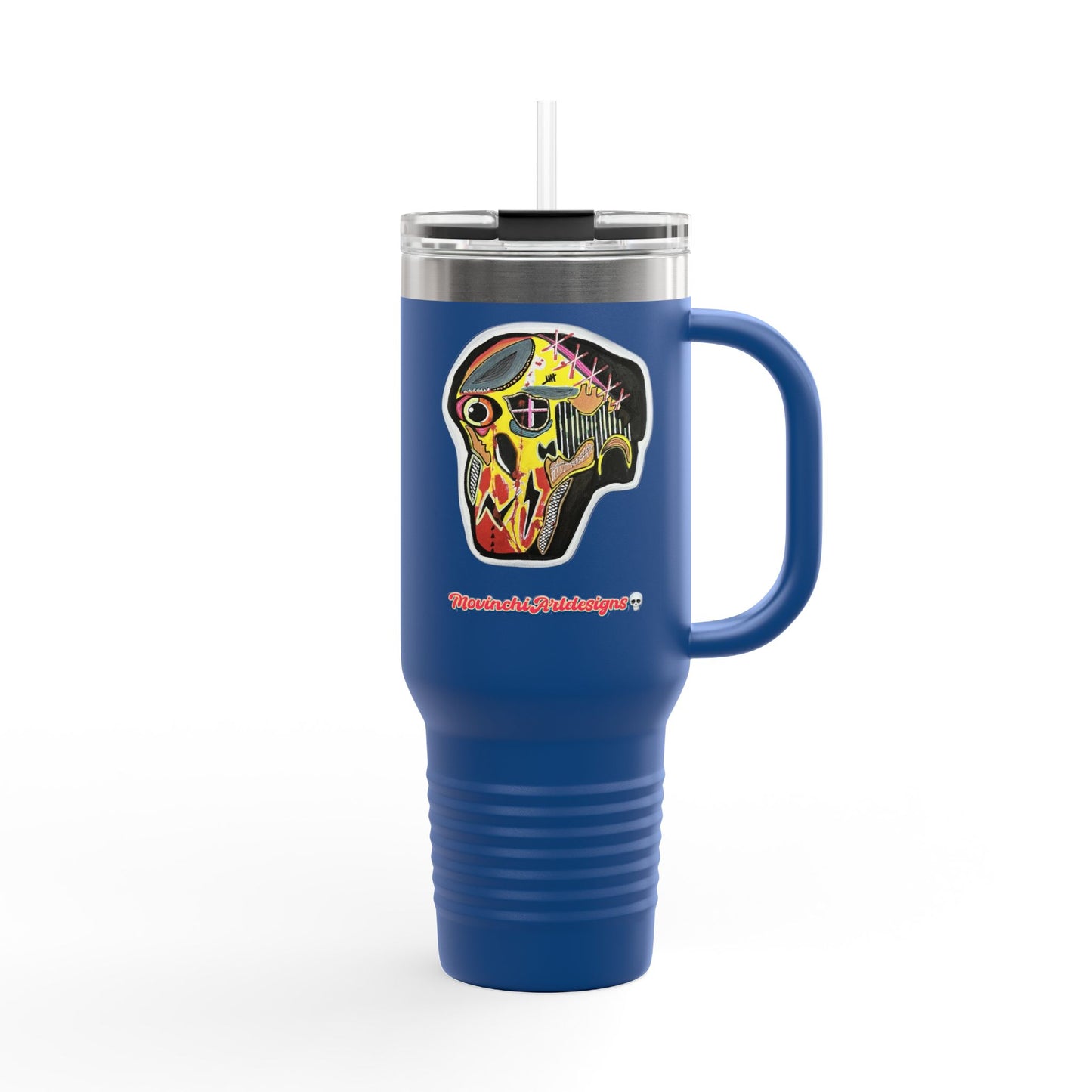 MOVINCHIARTDESIGNS.  40oz Insulated Travel Mug — Colorful Abstract Skull Design, Spill‑Resistant Tumbler