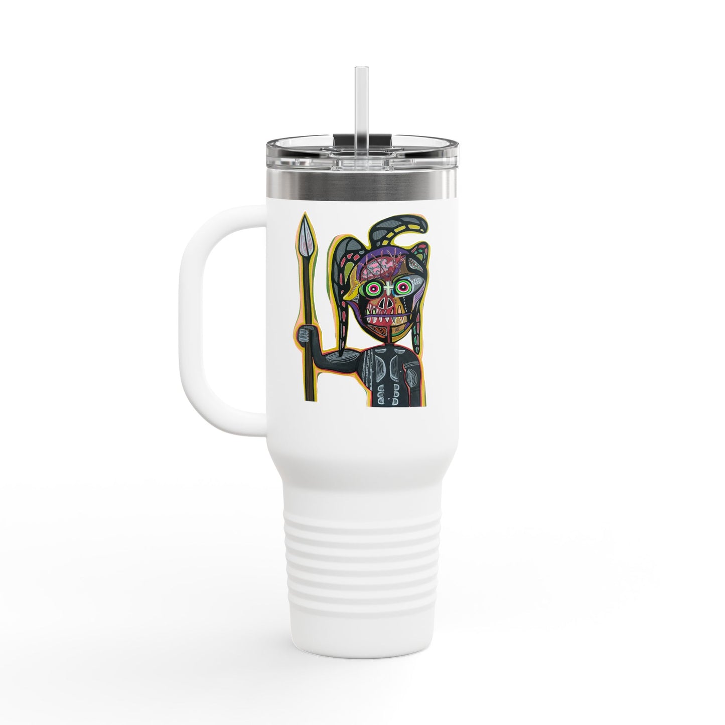 MOVINCHIARTDESIGNS.  40oz Insulated Travel Mug — Colorful Abstract Skull Design, Spill‑Resistant Tumbler