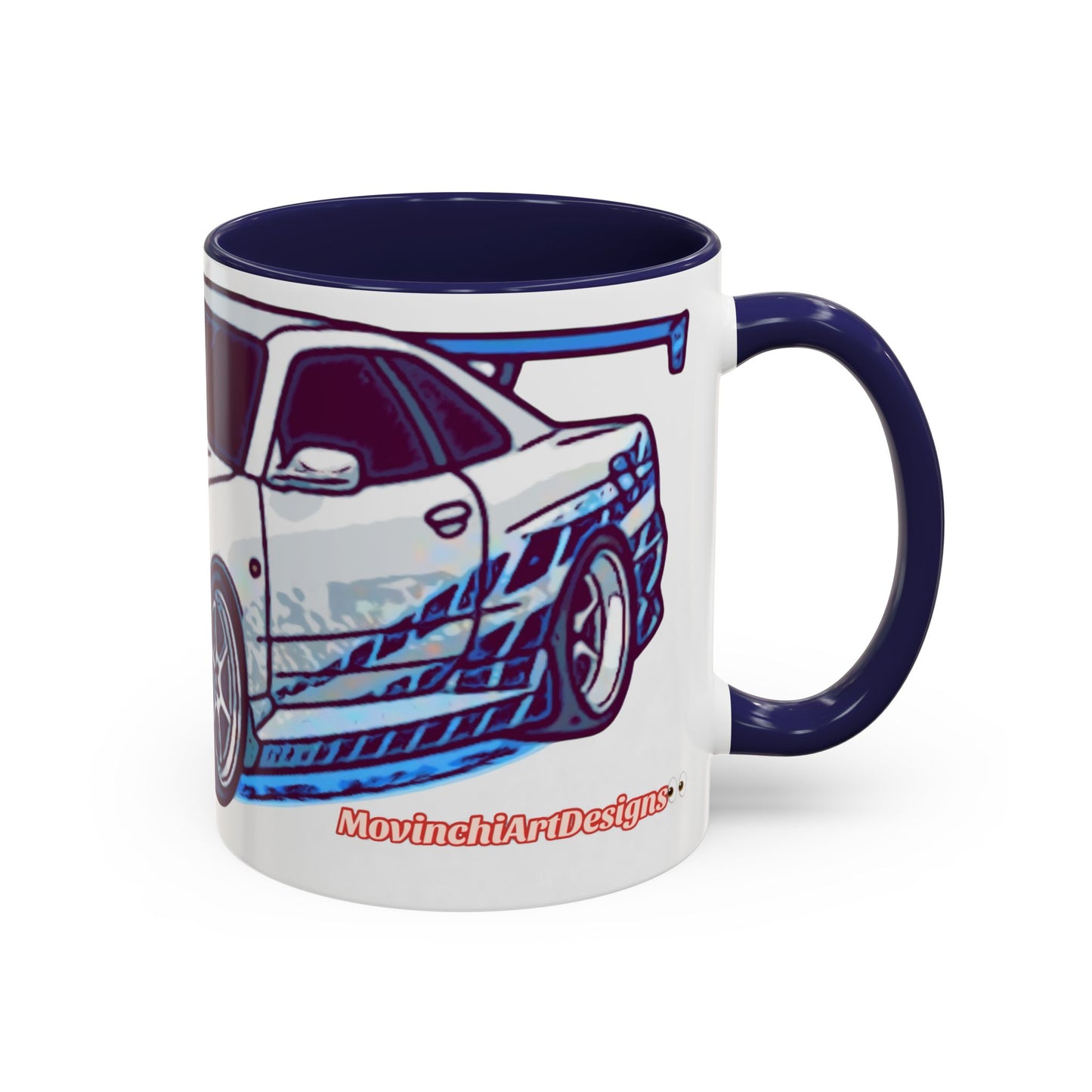 Racing Skyline Accent Coffee Mug — White & Blue Sports Car Illustration (11/15oz)