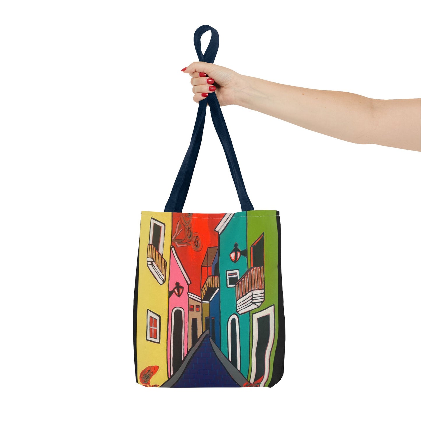 SAN SEBASTIAN.  Colorful Street Art Tote Bag – Vibrant Cityscape AOP Tote